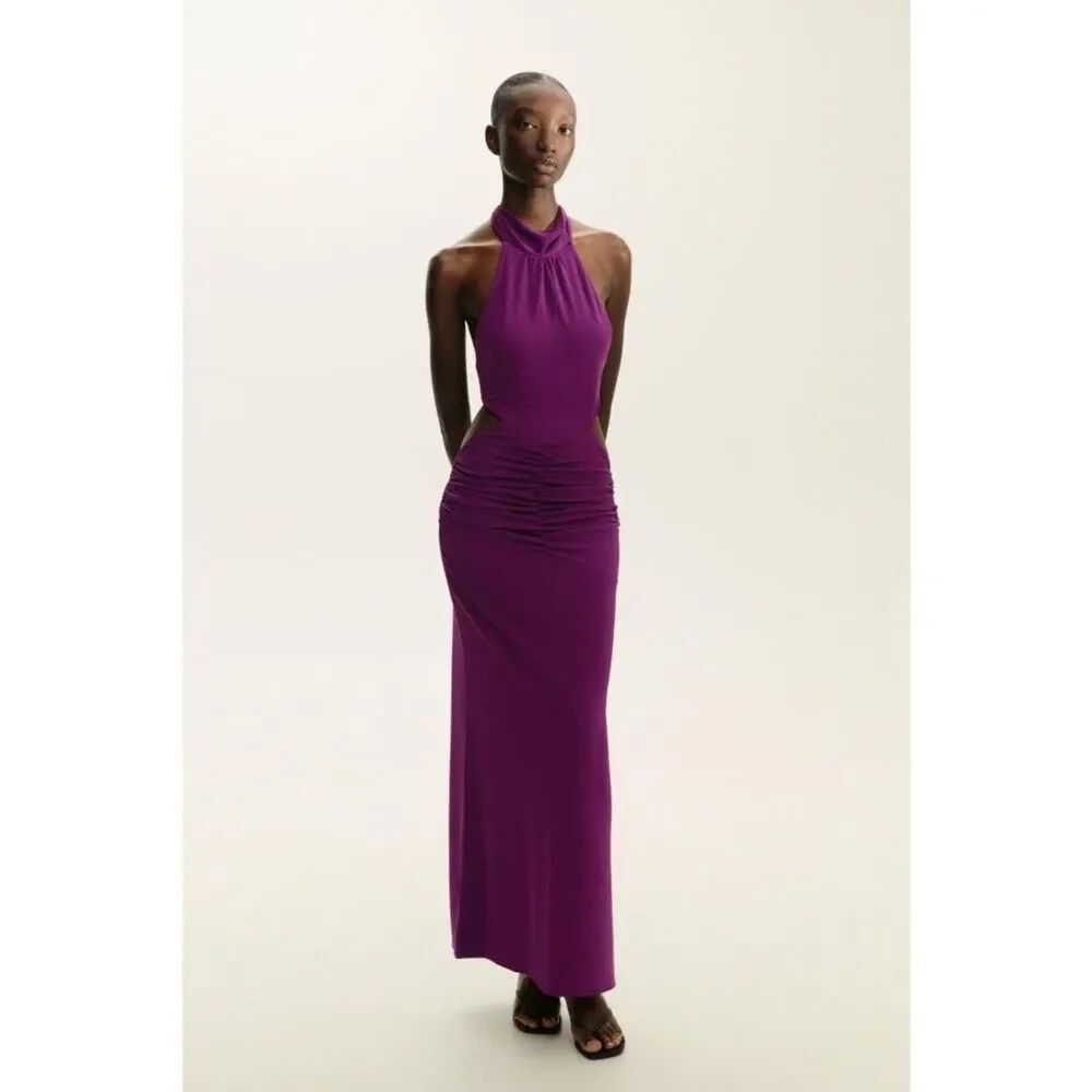 Zara Womens Maxi Dress Small Dark Purple Ruched Draped Halter Party 5584/304 NWT
